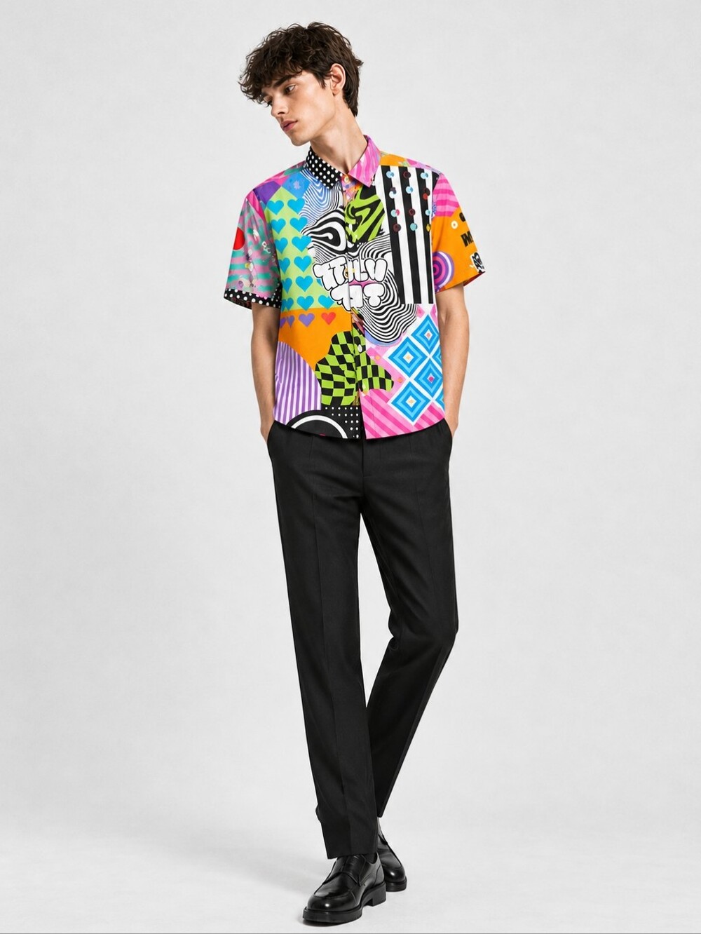 Family First Milano White Casual Shirt Size Large Pop Art Patchwork Psychedelic
